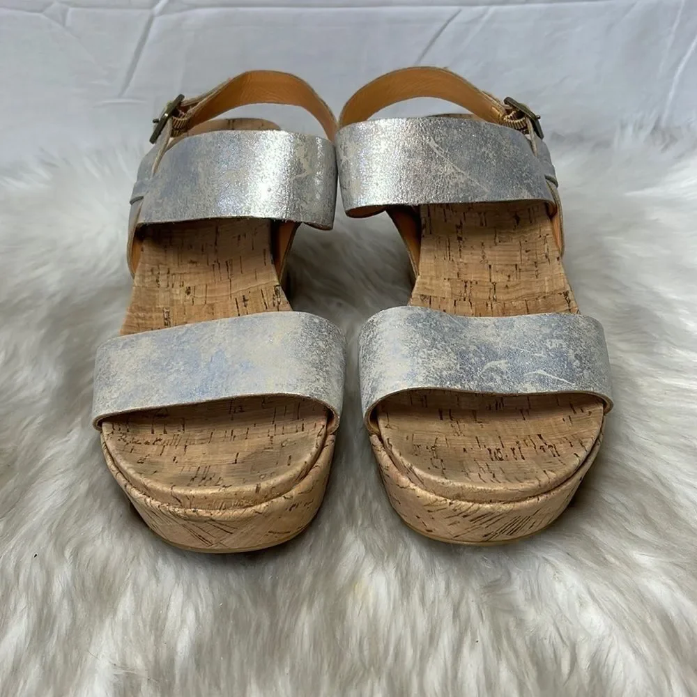 Kork-Ease Silver Crackle Leather Strappy Cork Platform‎ Sandals Sz 11